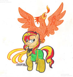 Size: 985x1049 | Tagged: safe, artist:artistnjc, imported from derpibooru, sunset shimmer, phoenix, pony, unicorn, clothes, cosplay, costume, crossover, fiery shimmer, fire, frown, jean grey, raised hoof, simple background, solo, superhero, the phoenix force, x-men