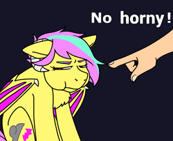 Size: 1223x1005 | Tagged: safe, artist:/d/non, imported from derpibooru, oc, oc only, oc:anon, oc:star shower, bat pony, succubus, succubus pony, black background, chest fluff, horns, narrowed eyes, pet shaming, pointing, puffed cheeks, shame, simple background