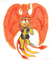 Size: 1191x1380 | Tagged: safe, artist:artistnjc, imported from derpibooru, sunset shimmer, phoenix, pony, unicorn, clothes, costume, crossover, dark phoenix, fearful, floating, glowing eyes, simple background, solo, the phoenix force, x-men