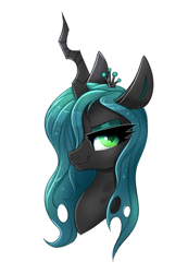 Size: 488x705 | Tagged: safe, artist:confetticakez, imported from derpibooru, queen chrysalis, changeling, changeling queen, bust, colored pupils, crown, female, hair over one eye, jewelry, portrait, regalia, simple background, solo, white background