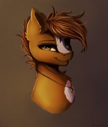 Size: 2001x2349 | Tagged: safe, artist:miokomata, imported from derpibooru, oc, oc only, earth pony, pony, blaze (coat marking), bust, coat markings, facial markings, gradient background, jewelry, lidded eyes, necklace, solo