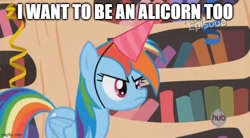 Size: 672x371 | Tagged: safe, edit, edited screencap, editor:twi clown, imported from derpibooru, screencap, rainbow dash, pegasus, pony, daring don't, caption, faic, female, golden oaks library, hat, image macro, mare, party hat, solo, text