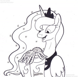 Size: 1143x1131 | Tagged: safe, artist:artistnjc, imported from derpibooru, princess luna, alicorn, arachnid, pony, spider, tarantula, happy, monochrome, pet, simple background, smiling, solo