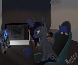 Size: 1625x1367 | Tagged: safe, artist:marimora, imported from derpibooru, oc, oc only, oc:taylor gans, oc:tenebris rokepin, bat pony, pony, unicorn, bat pony oc, bat wings, chair, computer, controller, couple, earbuds, female, game, gamer, male, wings