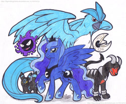 Size: 1445x1191 | Tagged: safe, artist:artistnjc, imported from derpibooru, princess luna, alicorn, articuno, gastly, houndoom, lunatone, pony, umbreon, crossover, determined look, pokémon, raised hoof, spread wings, team, wings