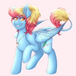 Size: 4000x4000 | Tagged: safe, artist:dewdropinn, imported from derpibooru, oc, oc only, oc:merrifeather, pegasus, pony, 3/4 view, ear fluff, leonine tail, looking at you, one leg raised, pegasus oc, sand, simple background, smiling, solo, three quarter view, two toned mane, two toned tail, two toned wings, vial, wings