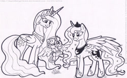 Size: 1600x980 | Tagged: safe, artist:artistnjc, imported from derpibooru, princess celestia, princess flurry heart, princess luna, alicorn, pony, family, great aunt and niece, happy, monochrome, simple background, smiling, spread wings, wings