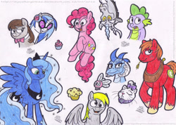 Size: 1739x1235 | Tagged: safe, artist:artistnjc, imported from derpibooru, big macintosh, derpy hooves, discord, dj pon-3, octavia melody, opalescence, pinkie pie, princess ember, princess luna, spike, vinyl scratch, alicorn, cat, draconequus, dragon, earth pony, parasprite, pegasus, pony, unicorn, dragon lord ember, eyes closed, food, grin, muffin, open mouth, smiling, straw in mouth