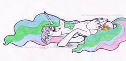 Size: 1571x759 | Tagged: safe, artist:artistnjc, imported from derpibooru, princess celestia, spike, alicorn, dragon, pony, baby, baby spike, cute, hatchling, lying down, momlestia, playing, prone, smiling, younger