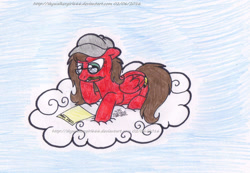 Size: 1233x853 | Tagged: safe, artist:artistnjc, imported from derpibooru, oc, oc only, oc:jayfeather, pegasus, pony, cloud, glasses, hat, hoof on chin, lying down, lying on a cloud, mouth hold, on a cloud, paper, pencil, simple background, solo, thinking