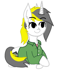 Size: 1810x2036 | Tagged: safe, artist:antique1899, imported from derpibooru, oc, oc only, oc:yellowglaze, pony, unicorn, derpibooru community collaboration, 2021 community collab, chest fluff, clothes, crossed hooves, digital art, ear fluff, eyelashes, lying down, shirt, simple background, smiling, solo, transparent background