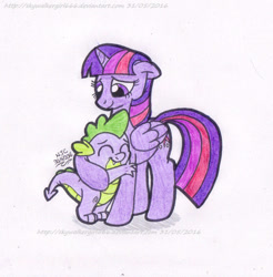 Size: 885x901 | Tagged: safe, artist:artistnjc, imported from derpibooru, spike, twilight sparkle, alicorn, dragon, pony, big sister, cute, eyes closed, hug, little brother spike, smiling, spikabetes, spikelove, twiabetes, twilight sparkle (alicorn)