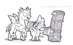 Size: 1289x797 | Tagged: safe, artist:artistnjc, imported from derpibooru, spike, thorax, changeling, dragon, comic book, monochrome, open mouth, sharing, smiling