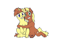 Size: 4000x3000 | Tagged: safe, artist:toanderic, imported from derpibooru, oc, oc only, oc:cream pie, oc:sugar pie, pony, unicorn, derpibooru community collaboration, 2021 community collab, blushing, grin, high res, hug, hugging a pony, male, nervous, nervous grin, siblings, simple background, sitting, smiling, stallion, transparent background