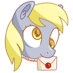 Size: 1200x1200 | Tagged: safe, artist:catachromatic, derpibooru exclusive, imported from derpibooru, derpy hooves, pegasus, pony, cute, digital art, head only, heart eyes, letter, mouth hold, simple background, smiling, solo, transparent background, wax seal, wingding eyes