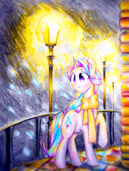 Size: 1920x2560 | Tagged: safe, artist:stardust0130, imported from derpibooru, starlight glimmer, pony, unicorn, beautiful, clothes, lamppost, lantern, night, scarf, snow, solo, traditional art, winter