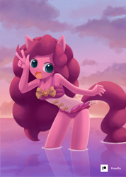 Size: 1000x1407 | Tagged: safe, artist:howxu, imported from derpibooru, pinkie pie, anthro, earth pony, beach shorts swimsuit, clothes, cute, diapinkes, equestria girls outfit, female, looking at you, one-piece swimsuit, open mouth, peace sign, pony ears, smiling, solo, standing in water, swimsuit
