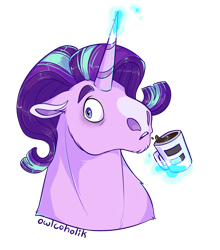 Size: 1500x1701 | Tagged: safe, artist:owlcoholik, imported from derpibooru, starlight glimmer, pony, blaze (coat marking), bust, coat markings, coffee, facial markings, hoers, magic, mug, portrait, simple background, solo, transparent background