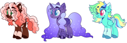 Size: 1280x436 | Tagged: safe, artist:transglimmer, artist:twilightpriincess, imported from derpibooru, oc, oc only, earth pony, pegasus, pony, unicorn, ethereal mane, eye clipping through hair, female, magical lesbian spawn, mare, offspring, parent:fleur-de-lis, parent:lyra heartstrings, parent:pinkie pie, parent:princess luna, parent:rainbow dash, parent:trouble shoes, parent:troubleshoes clyde, parents:fleur de lune, parents:lyradash, parents:trouble pie, simple background, starry mane, transparent background