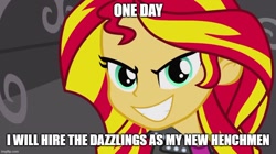 Size: 888x499 | Tagged: safe, edit, edited screencap, imported from derpibooru, screencap, sunset shimmer, equestria girls, equestria girls (movie), caption, evil grin, female, grin, image macro, imgflip, smiling, solo, text