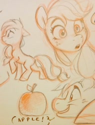 Size: 1546x2048 | Tagged: safe, artist:imalou, imported from derpibooru, applejack, big macintosh, earth pony, apple, female, food, freckles, male, simple background, sketch, smiling, surprised, that pony sure does love apples, traditional art