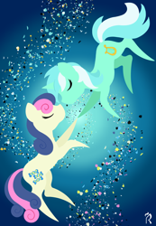Size: 1800x2600 | Tagged: safe, artist:dawn-designs-art, imported from derpibooru, bon bon, lyra heartstrings, sweetie drops, earth pony, pony, unicorn, abstract, abstract art, abstract background, commissions open, duo, eyes closed, female, floating, lesbian, lyrabon, minimalist, modern art, shipping