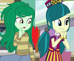 Size: 466x384 | Tagged: safe, edit, edited screencap, imported from derpibooru, screencap, juniper montage, wallflower blush, equestria girls, equestria girls series, forgotten friendship, mirror magic, spoiler:eqg specials, female, heart, juniblush, lesbian, shipping, shipping domino, wrong aspect ratio