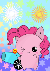 Size: 1000x1414 | Tagged: artist needed, source needed, safe, imported from derpibooru, pinkie pie, earth pony, pony, blushing, candy, chibi, cute, diapinkes, food, lollipop, one eye closed, open mouth, party cannon, solo, wink