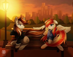 Size: 1600x1250 | Tagged: safe, artist:xmfranz, imported from derpibooru, oc, oc only, oc:felix gulfstream, oc:斑仔, earth pony, pegasus, pony, bench, brothers, city, cityscape, dusk, lantern, male, park, siblings, sitting