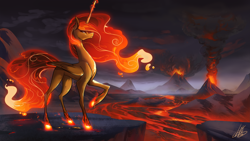 Size: 5333x3000 | Tagged: safe, artist:light262, imported from derpibooru, daybreaker, princess celestia, oc, oc only, oc:aqasha, alicorn, pony, absurd file size, absurd resolution, alicorn oc, burning, destruction, epic, ethereal mane, female, fire, frown, glowing, glowing horn, horn, infinite eclipse, lava, magic, magic aura, mare, raised hoof, smoke, solo, song art, volcano, wings, xk-class end-of-the-universe scenario, xk-class end-of-the-world scenario