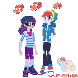 Size: 700x700 | Tagged: safe, artist:jf-blitz96, imported from derpibooru, rainbow dash, twilight sparkle, equestria girls, blushing, clothes, dusk shine, duskblitz, equestria guys, female, gay, glasses, lesbian, male, rainbow blitz, rule 63, shipping, shoes, sweater, twidash