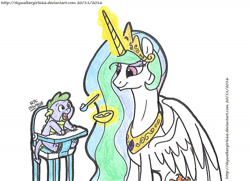 Size: 1425x1033 | Tagged: safe, artist:artistnjc, imported from derpibooru, princess celestia, spike, alicorn, dragon, pony, baby, baby spike, chair, feeding, happy, hatchling, highchair, magic, magic aura, momlestia, simple background, smiling, younger