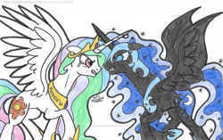 Size: 1681x1053 | Tagged: safe, artist:artistnjc, imported from derpibooru, nightmare moon, princess celestia, alicorn, pony, crossed horns, crying, determination, fight, good vs evil, gritted teeth, horn, horns are touching, looking at each other, narrowed eyes, raised hoof, spread wings, tears of sadness, wings