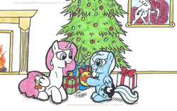 Size: 1593x1001 | Tagged: safe, artist:artistnjc, imported from derpibooru, princess celestia, princess luna, alicorn, pony, christmas, christmas tree, fireplace, freckles, gift giving, hearth's warming, holiday, lying down, phoenix egg, pink-mane celestia, present, prone, smiling, tree, young celestia, young luna