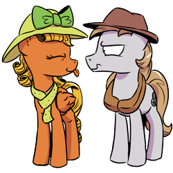 Size: 1200x1200 | Tagged: safe, artist:pony-berserker, imported from derpibooru, oc, oc only, oc:longhaul, oc:southern comfort, pony, derpibooru community collaboration, 2021 community collab, bow, clothes, hat, horse collar, scarf, simple background, tongue out, transparent background, unamused