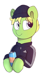 Size: 720x1280 | Tagged: safe, artist:perezadotarts, imported from derpibooru, oc, oc only, oc:weedy, pony, adidas, adidas tracksuit, beanie, bust, clothes, digital art, gopnik, hardbass, hat, logo, male, simple background, slav, slavic, smiling, soda, solo, sweatshirt, text, tracksuit, transparent background