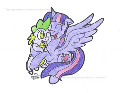 Size: 1473x1119 | Tagged: safe, artist:artistnjc, imported from derpibooru, spike, twilight sparkle, alicorn, dragon, pony, big sister twilight, eyes closed, friendship, hug, nuzzling, one eye closed, open mouth, smiling, spread wings, twilight sparkle (alicorn), wings