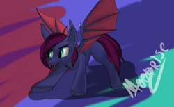 Size: 6502x4000 | Tagged: safe, artist:marimora, imported from derpibooru, oc, oc only, oc:bloodstrike, bat pony, pony, abstract background, bat pony oc, bat wings, female, mare, simple background, solo, wings
