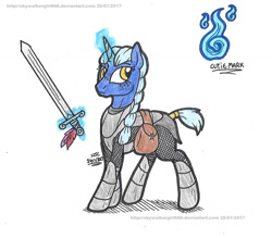 Size: 1359x1189 | Tagged: safe, artist:artistnjc, imported from derpibooru, oc, oc only, oc:lady willow wisp, pony, unicorn, armor, bag, braid, cutie mark, dungeons and dragons, levitation, magic, magic aura, ogres and oubliettes, pen and paper rpg, rpg, saddle bag, solo, sword, telekinesis, weapon