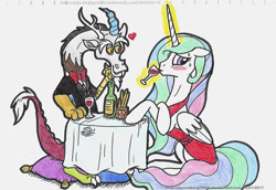 Size: 1605x1107 | Tagged: safe, artist:artistnjc, imported from derpibooru, discord, princess celestia, alicorn, draconequus, pony, alcohol, blushing, clothes, dislestia, dress, female, looking away, male, mare, nervous, romantic dinner, shipping, smiling, straight, tuxedo, wine