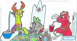 Size: 1876x990 | Tagged: safe, artist:artistnjc, imported from derpibooru, big macintosh, spike, thorax, changedling, changeling, dragon, earth pony, pony, drinking straw, dungeons and dragons, food, guys night, king thorax, ogres and oubliettes, pen and paper rpg, popcorn, roleplaying, rpg, tabletop game