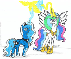 Size: 1969x1629 | Tagged: safe, artist:artistnjc, imported from derpibooru, princess celestia, princess luna, alicorn, phoenix, pony, wolf, ethereal, glowing horn, happy, horn, magic, magic aura, open mouth, sibling bonding, smiling, spread wings, wings