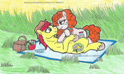 Size: 2009x1209 | Tagged: safe, artist:artistnjc, imported from derpibooru, bright mac, pear butter, earth pony, pony, the perfect pear, applejack's parents, boop, brightbutter, cuddling, female, looking into each others eyes, loving gaze, male, noseboop, picnic, picnic blanket, shipping, straight, tall grass