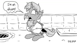 Size: 1200x675 | Tagged: safe, artist:pony-berserker, imported from derpibooru, oc, oc only, oc:quill heart, alicorn, bat pony, bat pony alicorn, pony, asylum, bat wings, beard, bondage, facial hair, grate, halftone, horn, insanity, mattress, monochrome, moustache, pinpoint eyes, pony-berserker's twitter sketches, sitting, solo, stippling, straitjacket, wings