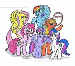 Size: 1793x1581 | Tagged: safe, artist:artistnjc, imported from derpibooru, applejack, fluttershy, pinkie pie, rainbow dash, rarity, twilight sparkle, alicorn, earth pony, pegasus, pony, unicorn, bipedal, group shot, lasso, looking at you, mane six, rope, smiling, spread wings, twilight sparkle (alicorn), wings