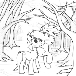 Size: 2000x2000 | Tagged: safe, artist:pizzamovies, imported from derpibooru, oc, oc only, oc:pizzamovies, oc:sophie hoofington, earth pony, blushing, ear piercing, female, forest, lineart, male, mare, piercing, simple background, smiling, stallion