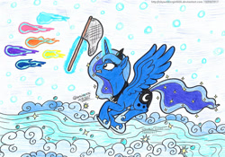Size: 2157x1513 | Tagged: safe, artist:artistnjc, imported from derpibooru, princess luna, alicorn, pony, butterfly net, chase, clenched teeth, dream realm, dream walker luna, gritted teeth, newbie artist training grounds, panicking, solo, spread wings, wings