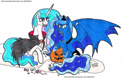 Size: 2305x1473 | Tagged: safe, artist:artistnjc, imported from derpibooru, princess celestia, princess luna, alicorn, pony, vampire, bat wings, blood, candy, cloak, clothes, costume, fangs, food, halloween, halloween costume, holiday, jack-o-lantern, lying down, nightmare night, prone, pumpkin, sharp teeth, slit pupils, teeth, wings