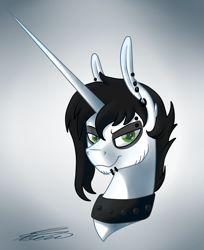 Size: 883x1080 | Tagged: safe, artist:crystalcontemplator, imported from derpibooru, oc, oc only, pony, unicorn, bust, choker, ear piercing, gradient background, horn, makeup, piercing, signature, solo, unicorn oc