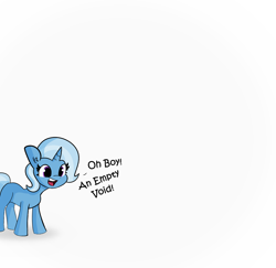 Size: 2250x2184 | Tagged: safe, artist:tjpones, artist:tjpones edits, edit, imported from derpibooru, trixie, pony, unicorn, captain obvious, cute, dialogue, diatrixes, missing cutie mark, oh boy, open mouth, pleonasm, simple background, smiling, solo, text, void, white background